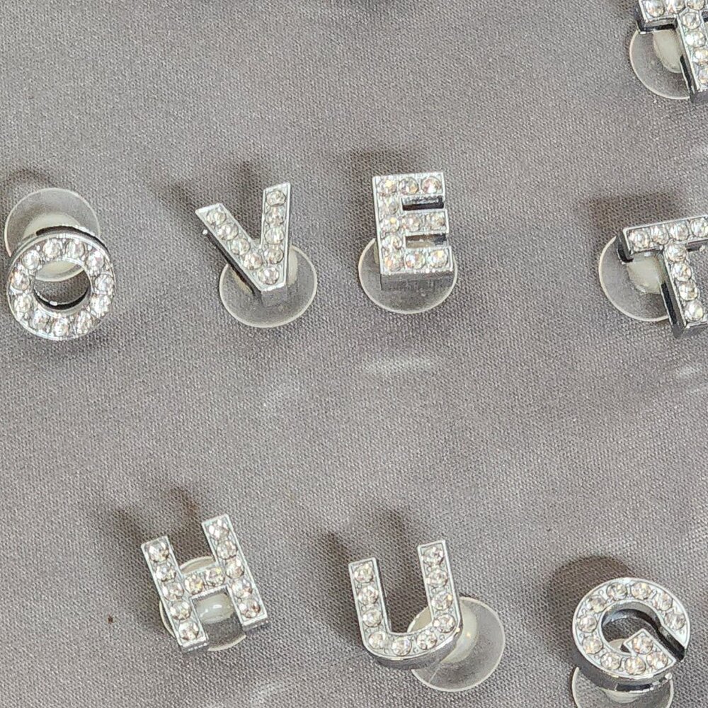 12pc Crystal Rhinestone Bling on Silver Tone Random Capital Letter Croc Charms - Picture 2 of 16